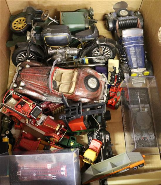 3 large model cars + motorcycle, Matchbox Mercedes 350SL, Lansing forklift truck, sundry unboxed models, glazed display case etc
